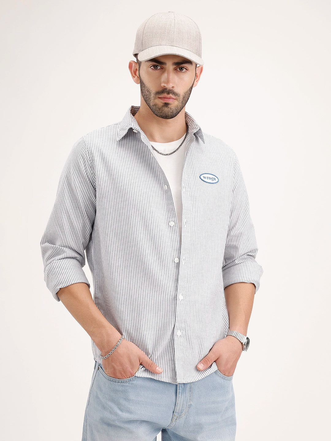 Comfort Fit Striped Patch Detailed Shirt | Grey