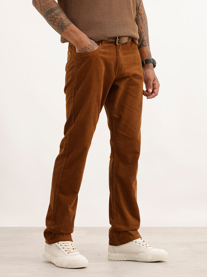 Solid Straight Fit Corduroy Trousers | Brown
