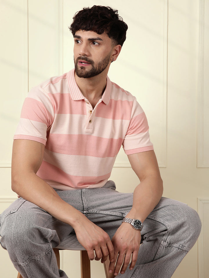 Casual Tonal Striped Polo T-Shirt | Peach