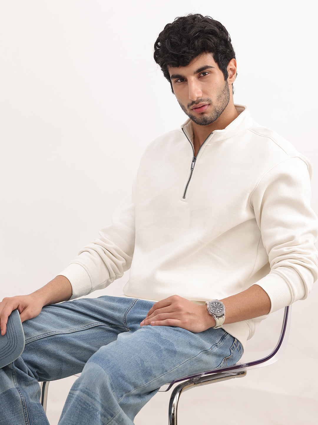 Solid Regular Quater Zipper Sweatshirt | Off White