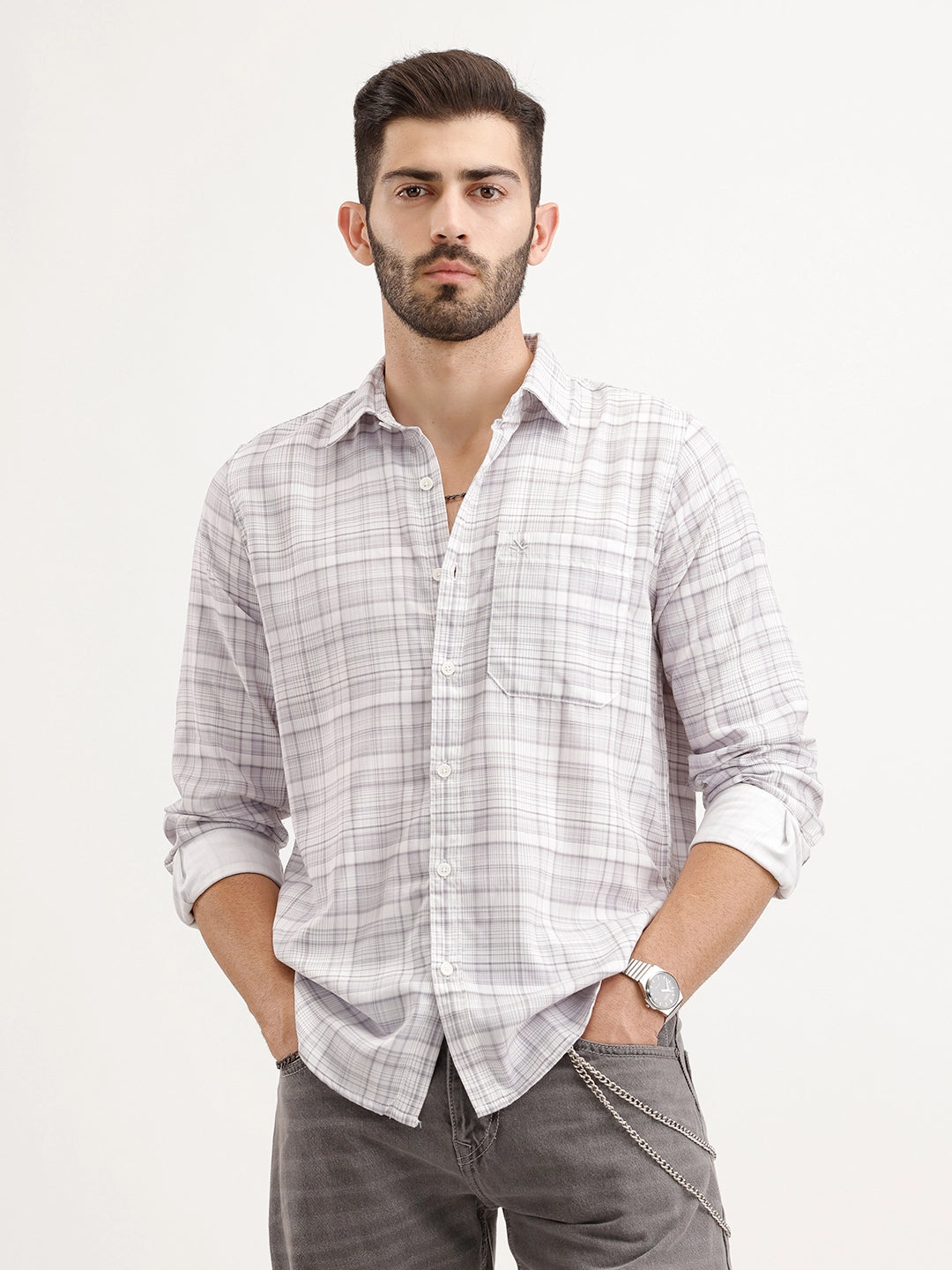 Regular Fit Checkered Shirt | Grey