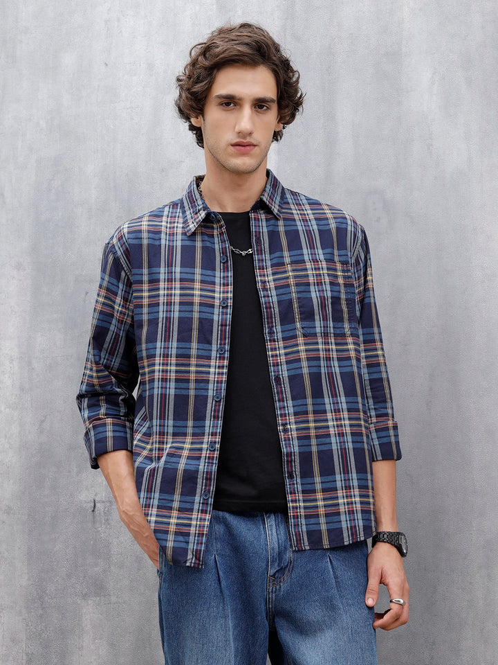 Wrogn Comfort Fit Checkered Shirt  | Navy Blue