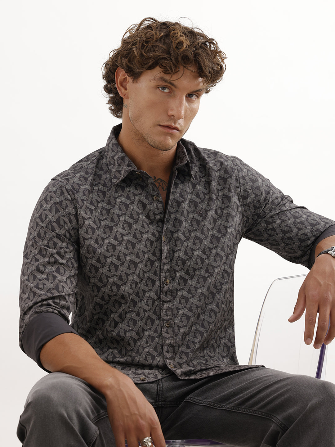 Slim Fit Full Sleeve AOP Shirt | Dark Grey