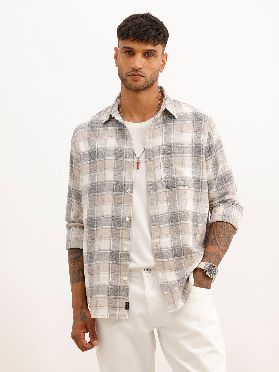 Slim Fit Checkered Full Sleeve Shirt | Grey