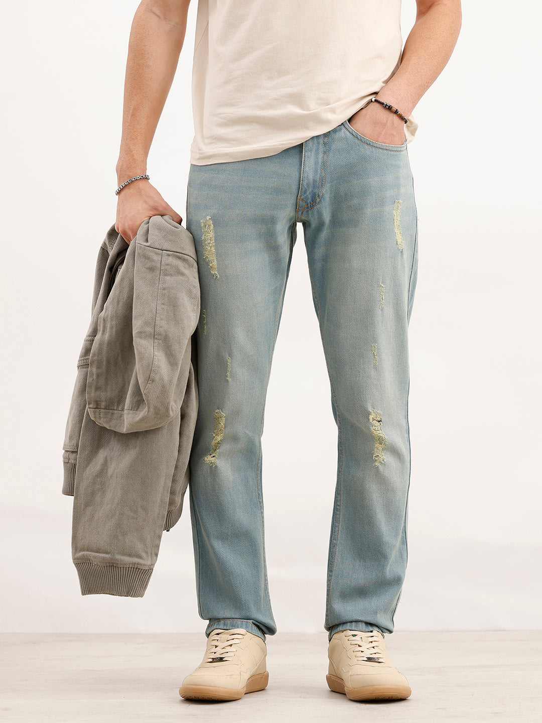 Faded Slim Fit Distressed Denim Jeans | Light Blue
