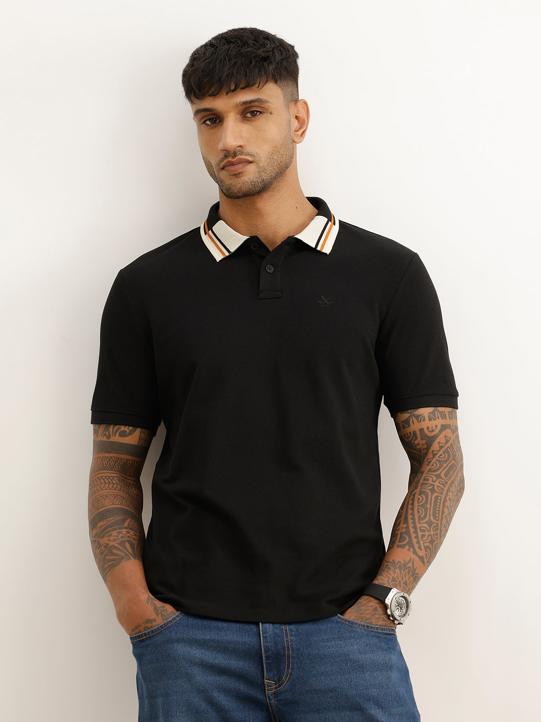 Classic Contrast Collar Polo T-Shirt | Black