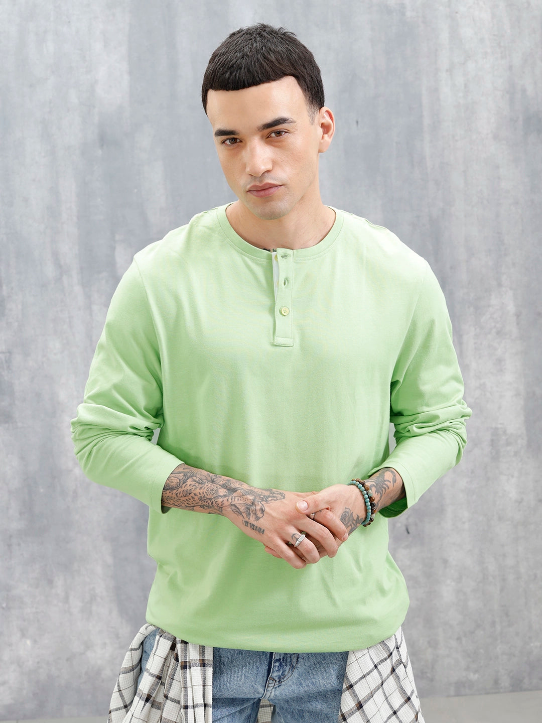 Wrogn Classic Henley T-Shirt For Men's | Green