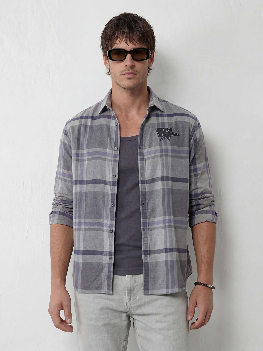 Oversized Placement Printed Checkered Shirt | Grey