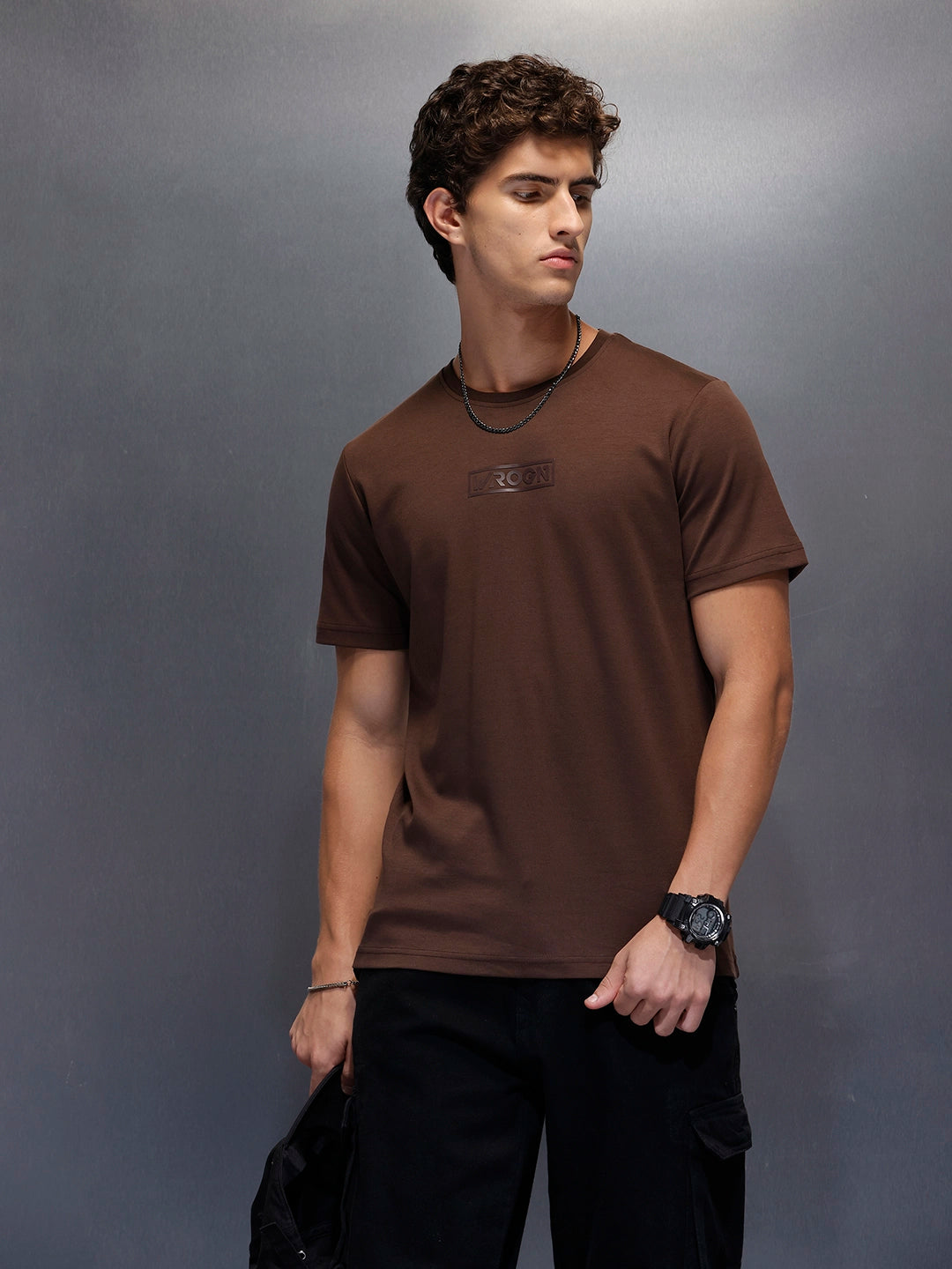 Men's Casual Slim Fit Wrogn Branded Tee  |  Brown