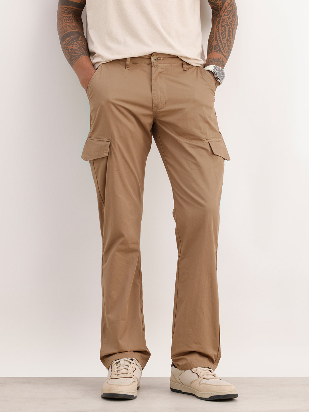 Solid Straight Fit Cargo Trousers | Khaki