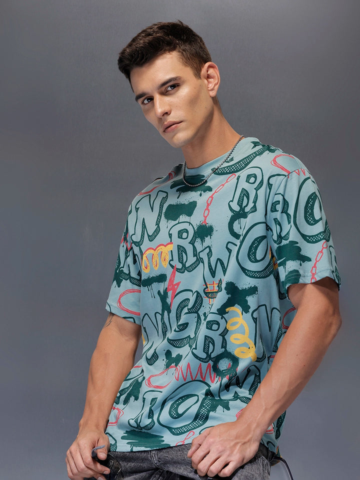 Men's oversized all-over graphic print T-shirt | Teal