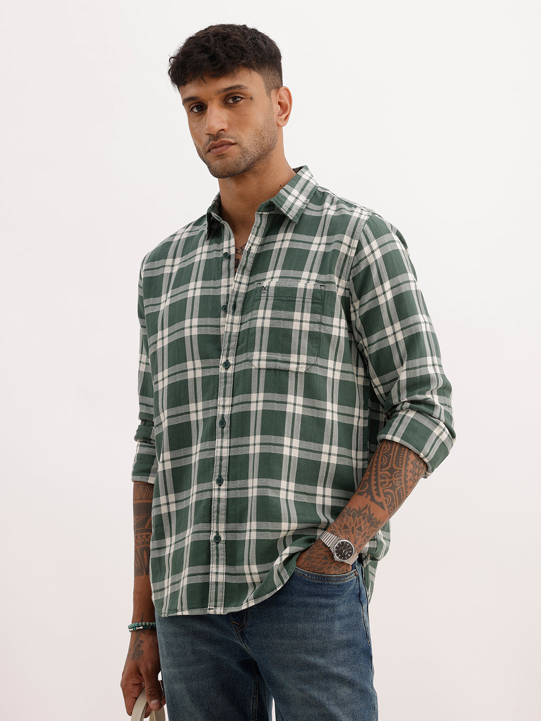 Regular Fit Checkered Full Sleeve Shirt | Dark Green