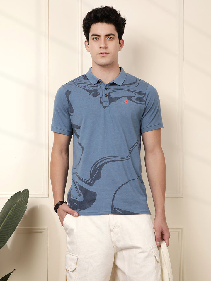 Blue Waves Printed Polo T-Shirt