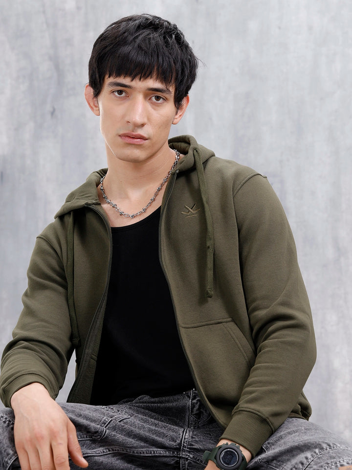 Men’s Solid Zip-Up Hoodie Sweatshirt | Olive