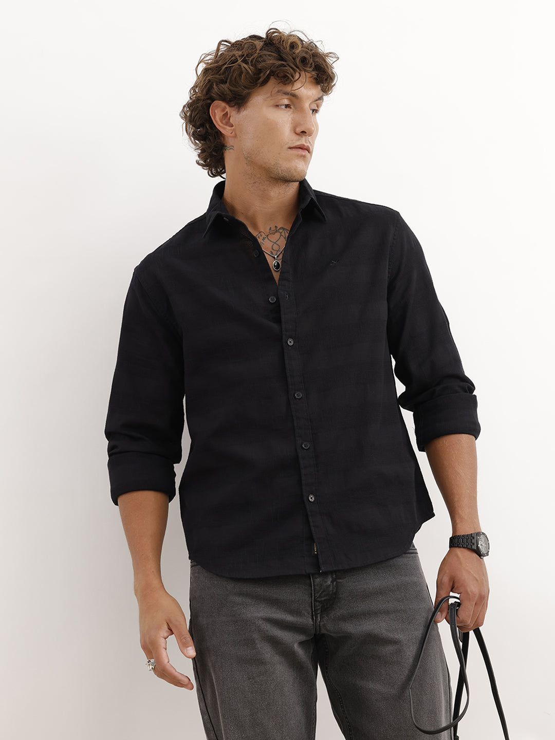 Solid Comfort Fit Textured Full Sleeve Shirt | Black