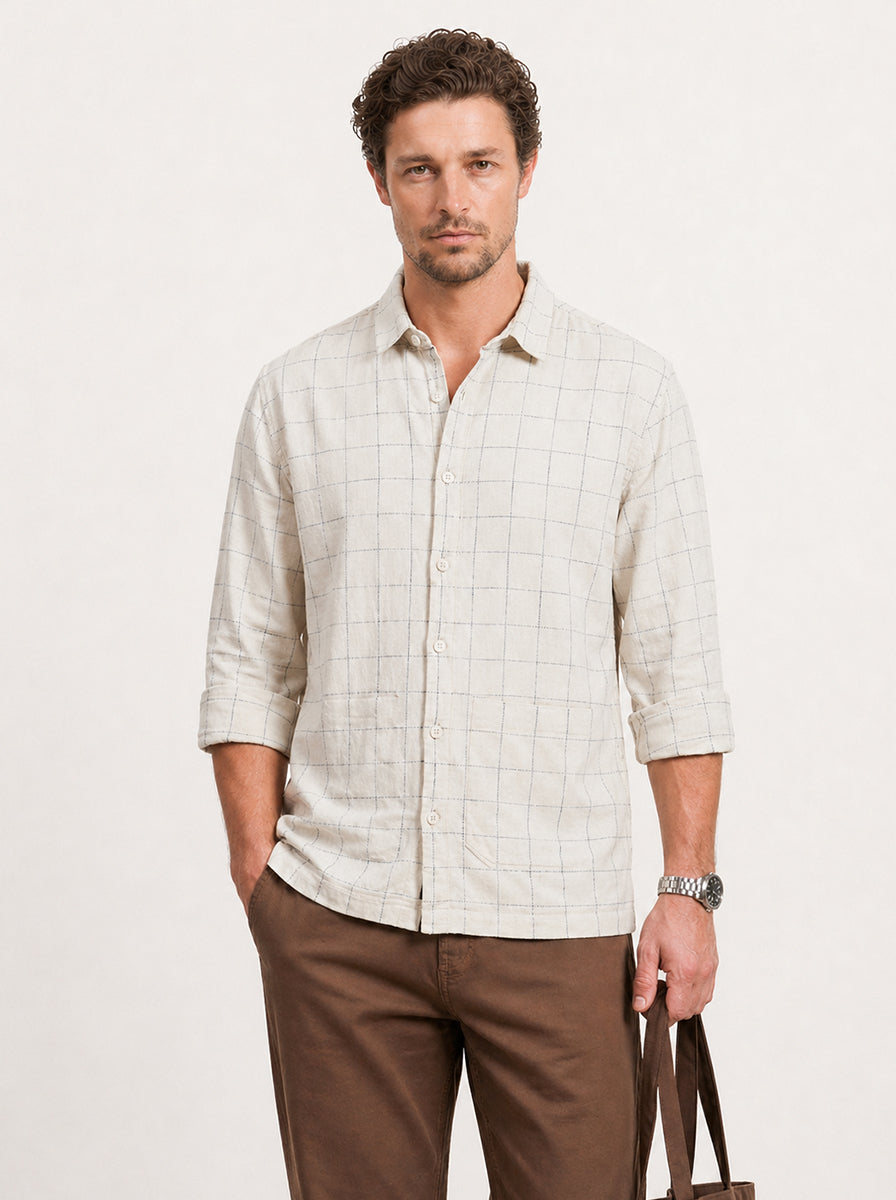 Comfort Fit Checkered Full Sleeve Shirt | White