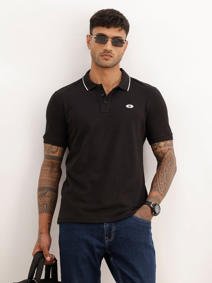 Solid Tipping Collar Polo T-Shirt | Black