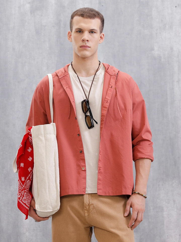 Cotton Twill Hoded Shirt | Pink