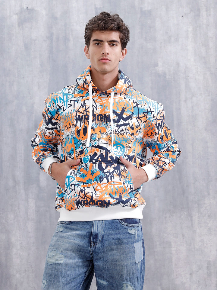 Graffiti Inspired Oversized Brushed Fleece Hoodie | Blue