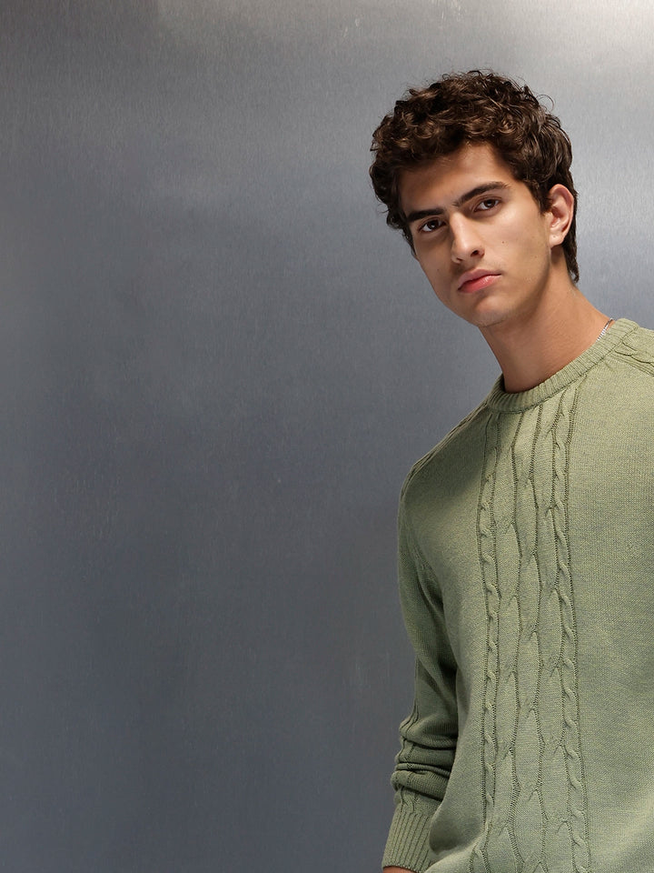 Men's Slim Fit Cable Knit Sweater  |  Green