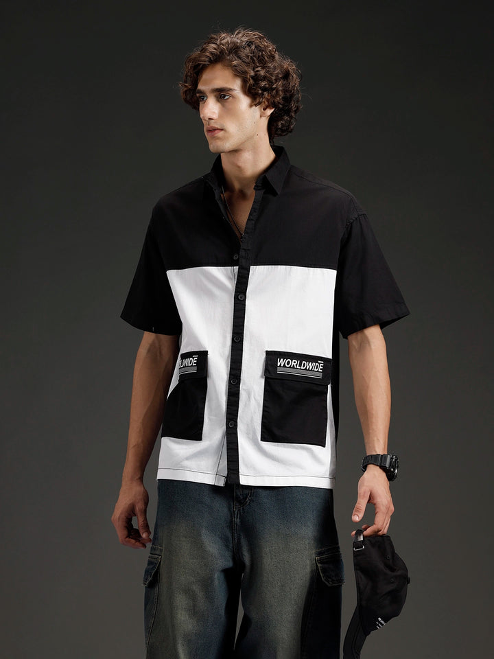 Men's casual colourblock oversized fit shirt | WHITE AND BLACK