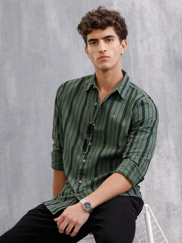 Slim Fit Stripe Shirt In Chenille Yarn | Olive