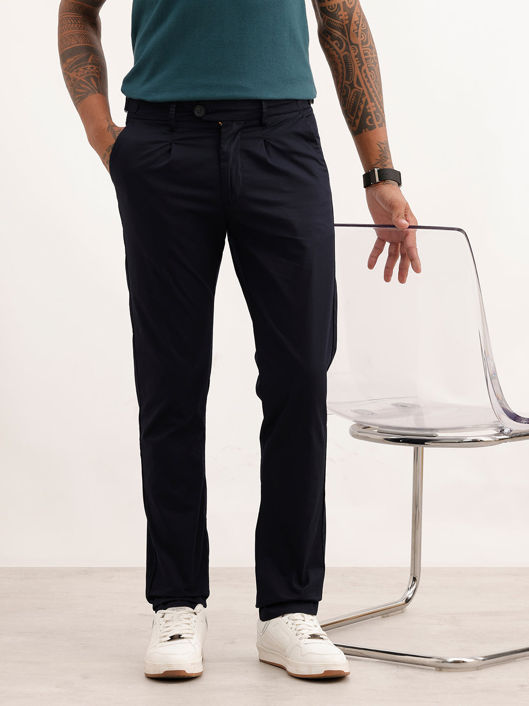 Solid Slim Fit Pleated Trouser | Navy Blue