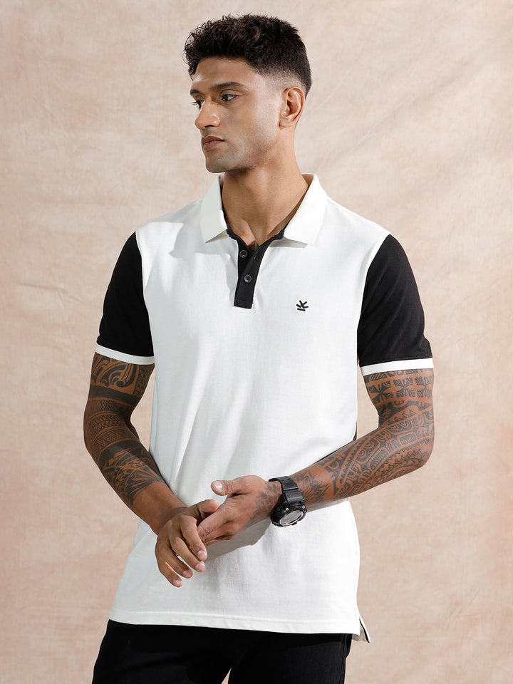 Colour Blocked Polo T-Shirt | White & Black