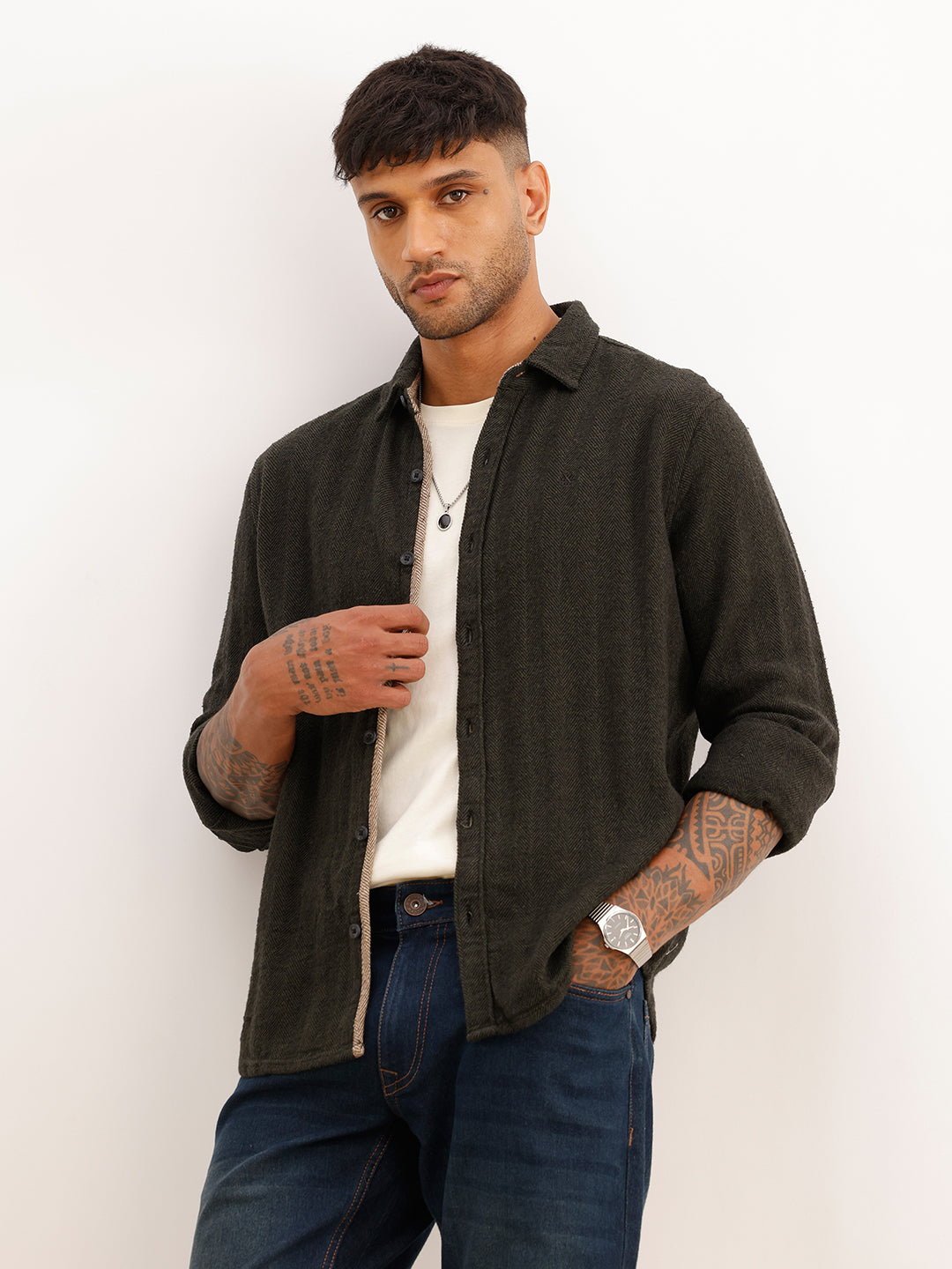 Slim Fit Textured Full Sleeve Shirt | Olive