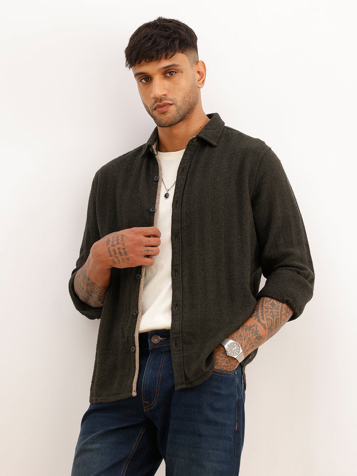 Slim Fit Textured Full Sleeve Shirt | Olive