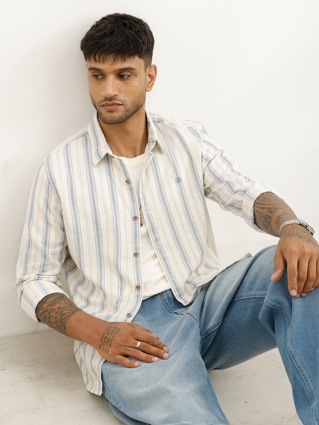 Classic Slim Fit Striped Shirt | Off White