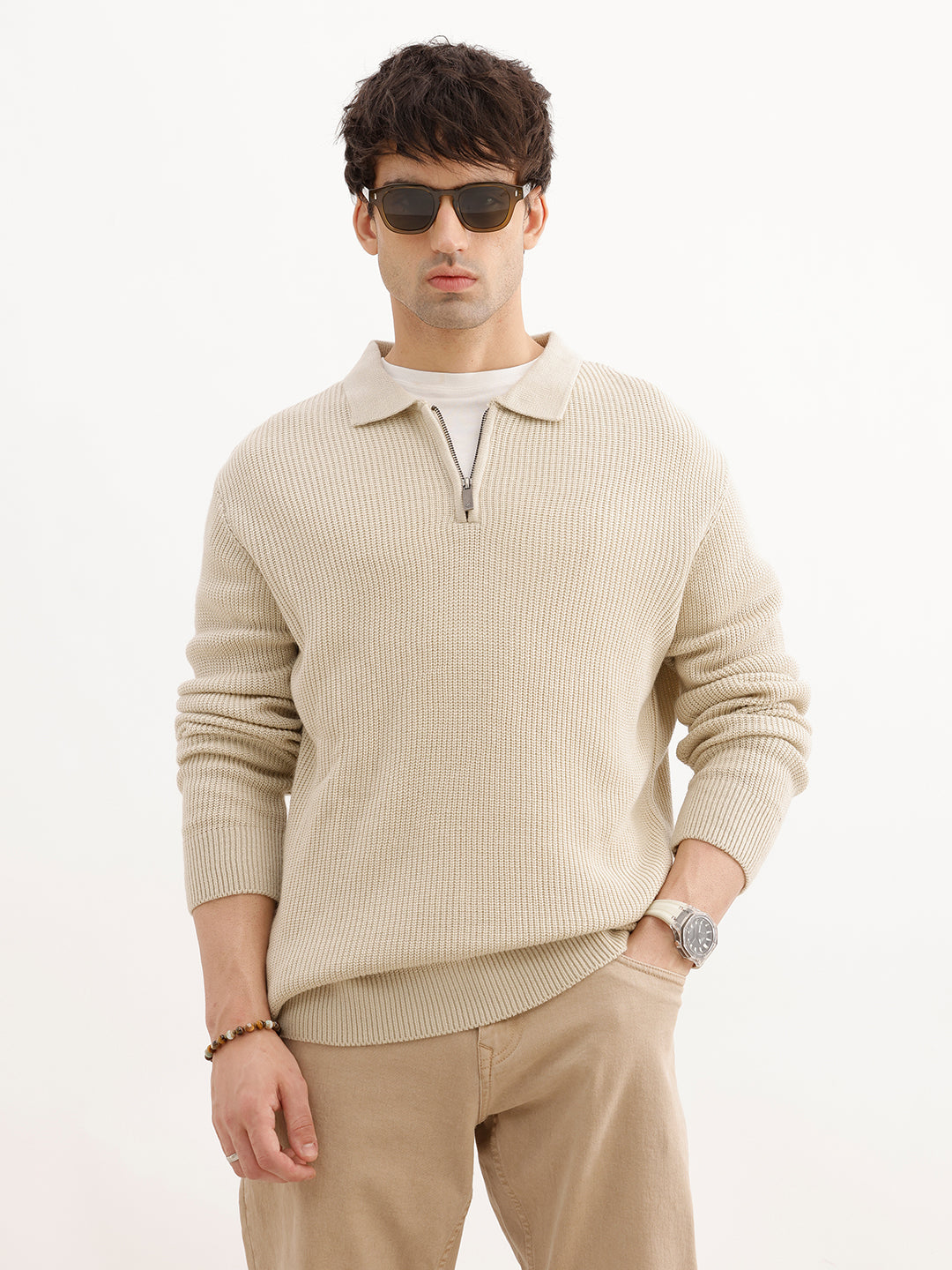 Solid Quater Zip Knitted Sweater | Beige | WSW02FSRE1068W