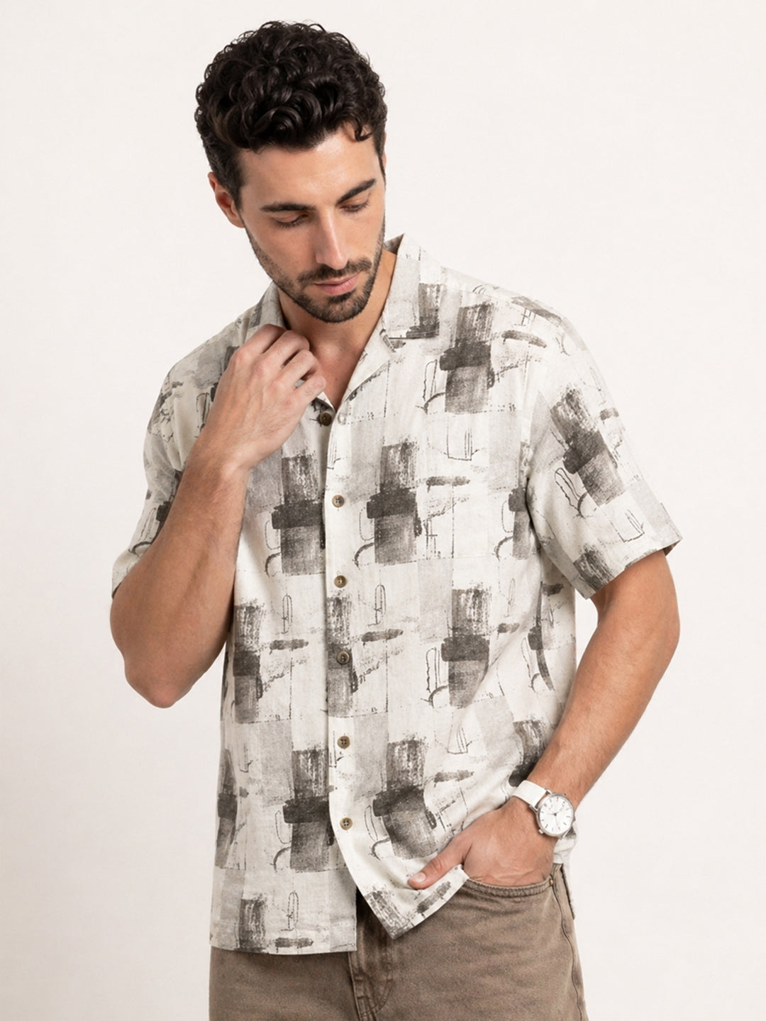 Comfort Fit AOP Half Sleeve Shirt | Off White