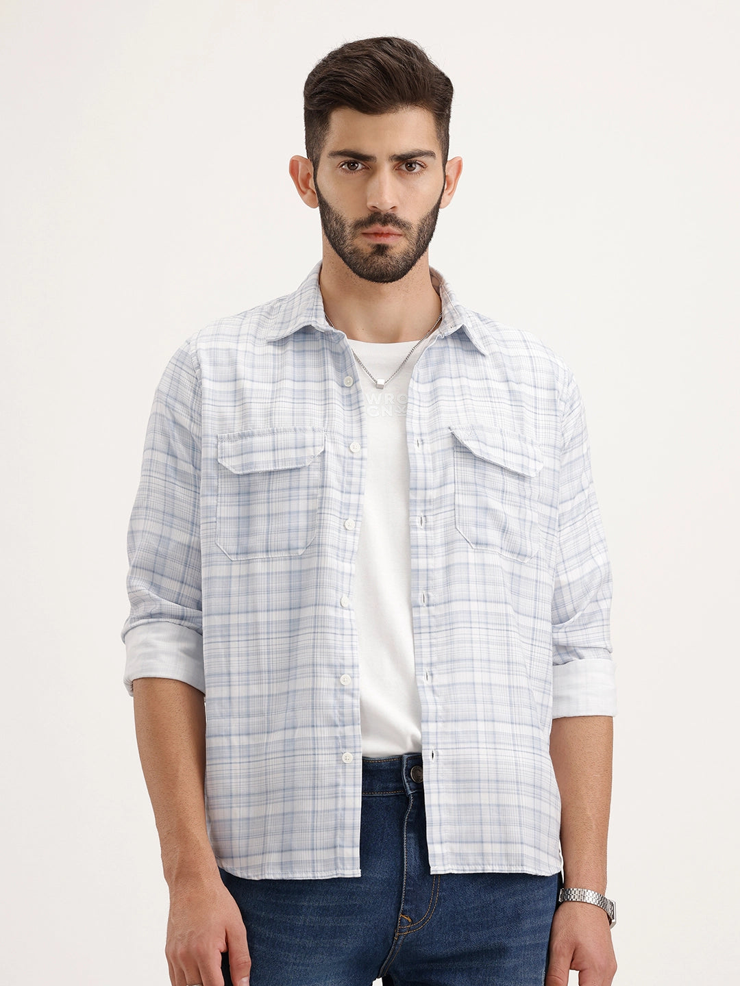 Regular Fit Double Pocket Full Sleeve Shirt | Light Blue
