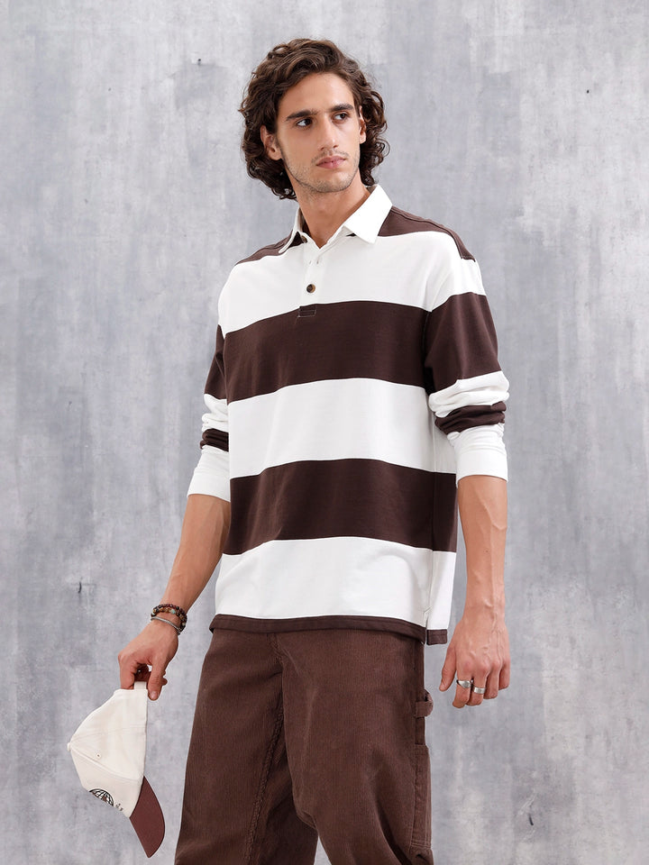 Yarn Dyed Striped Rugby Polo With Twill Collar | Brown