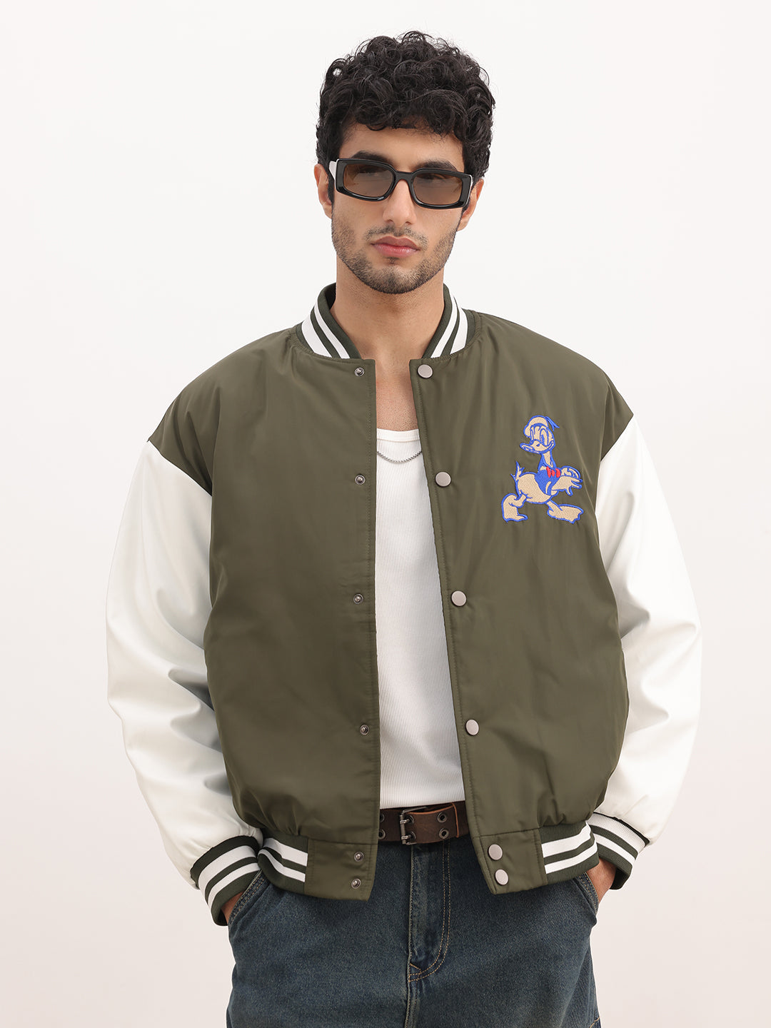 Relaxed Fit Embroidered Bomber Jacket | Green