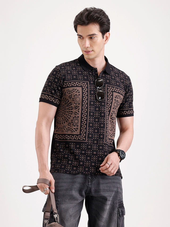 Slim Fit Pannel Printed Polo T-Shirt  | Black