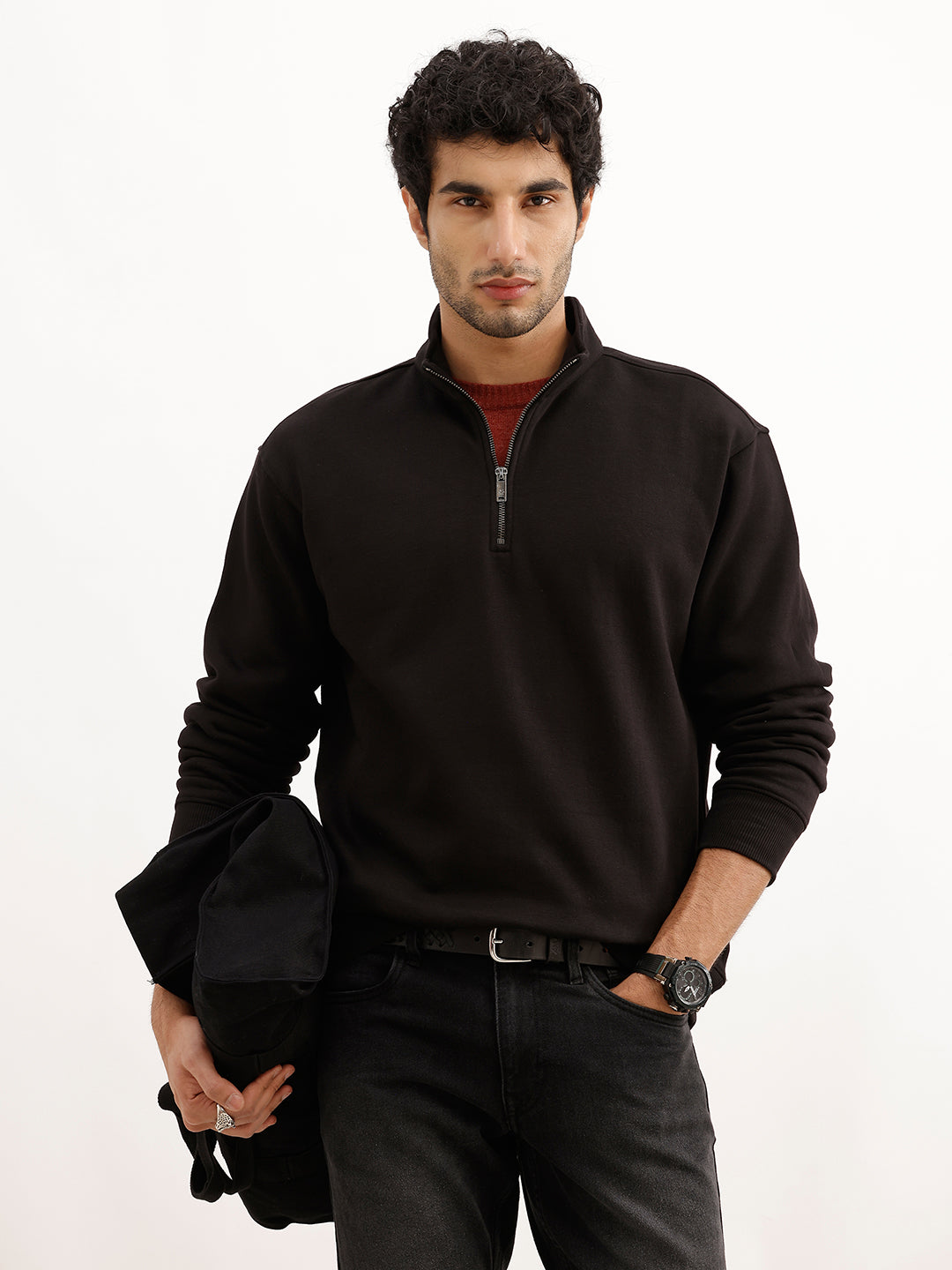 Solid Quater Zipper Sweatshirt | Black