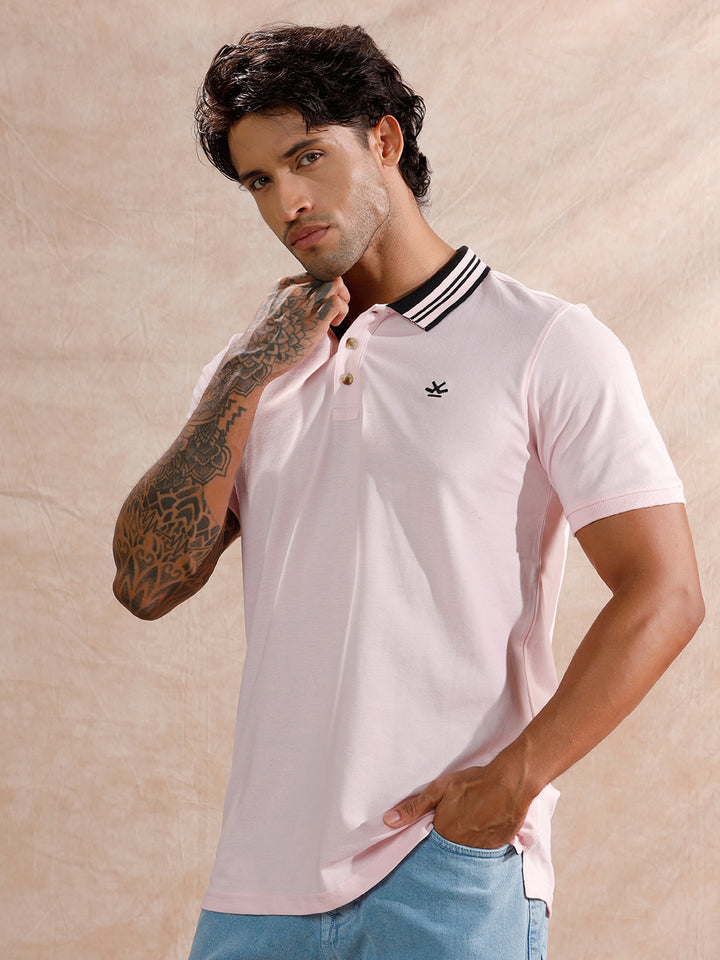 Contrast Striped Collar Polo T-Shirt | Light Pink