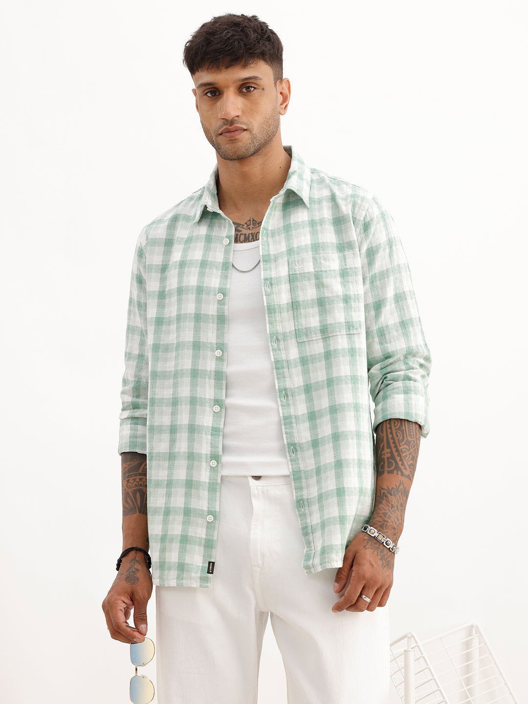 Textured Slim Fit Full Sleeve Shirt | Green