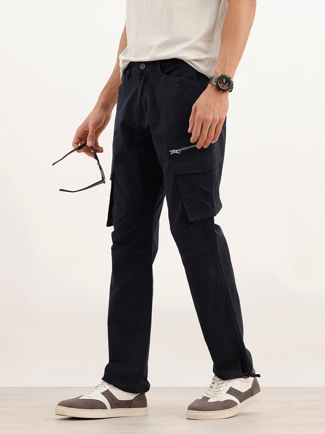 Solid Straight Fit Cargo Trouser | Navy Blue
