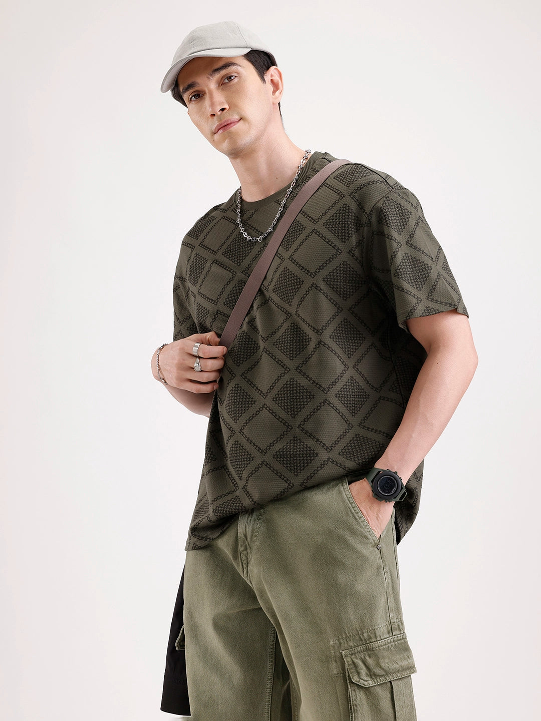 Oversized Popcorn Textured AOP T-Shirt | Olive