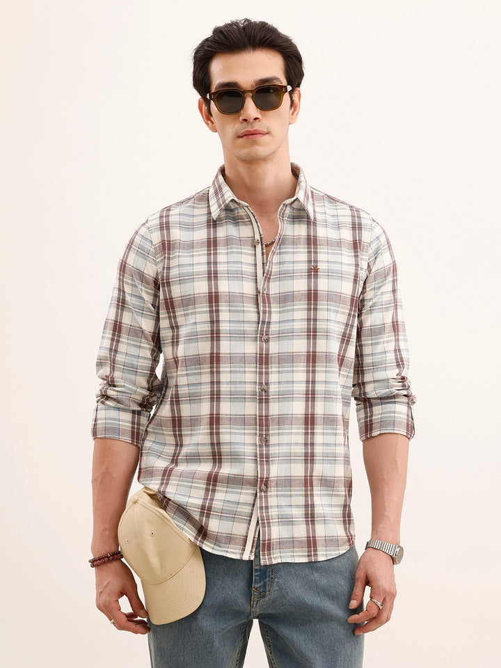 Slim Fit Checkered Linen Shirt | Brown