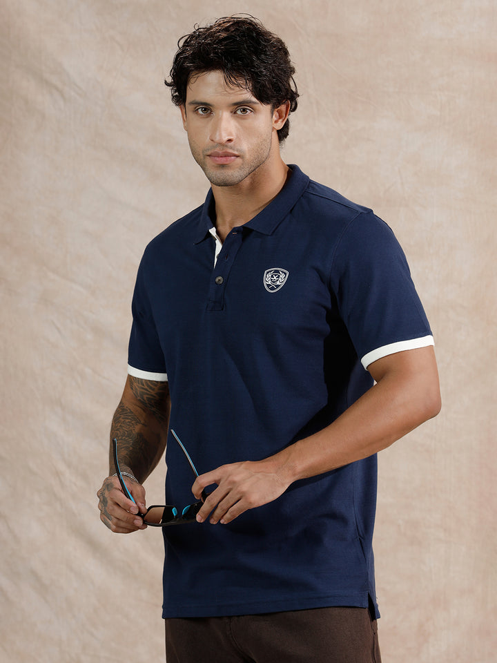 Varsity Crest Slim Fit Polo T-Shirt  | Navy Blue