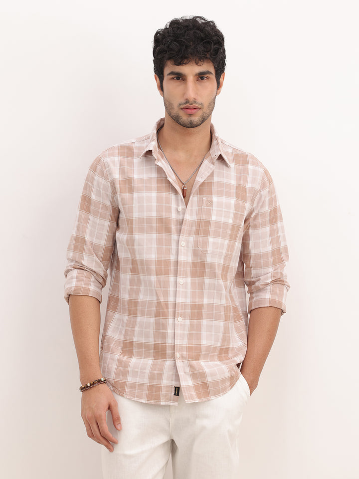 Slim Fit Checkered Full Sleeve Shirt | Beige