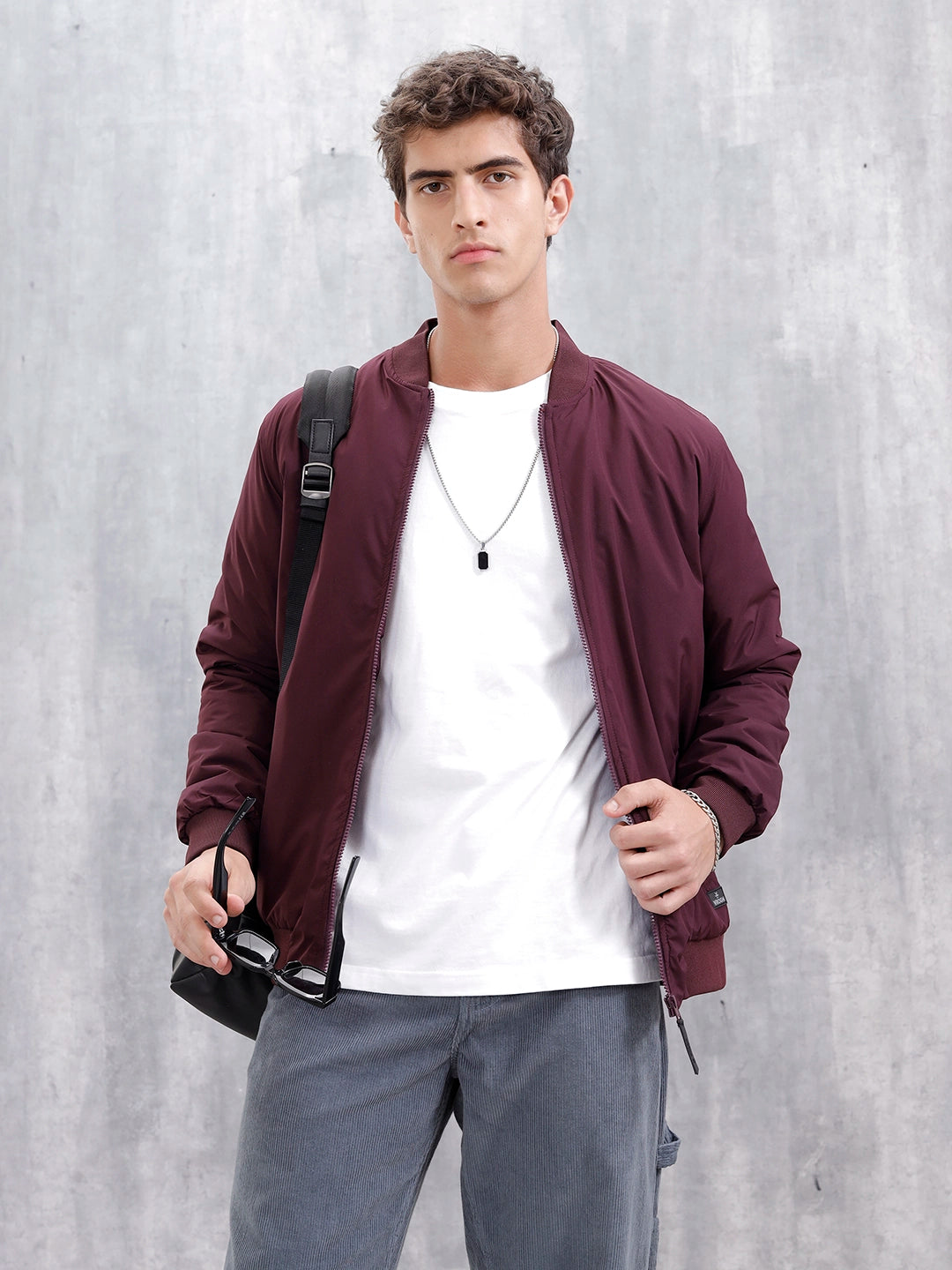 Men's Casual Solid Bomber Jacket | Maroon