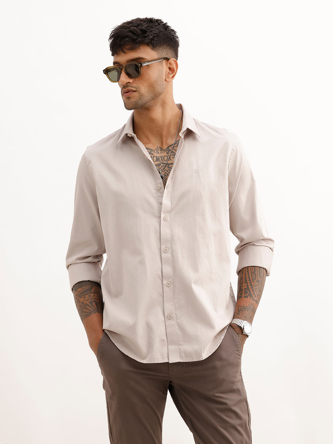 Solid Slim Fit Full Sleeve Shirt | Grey
