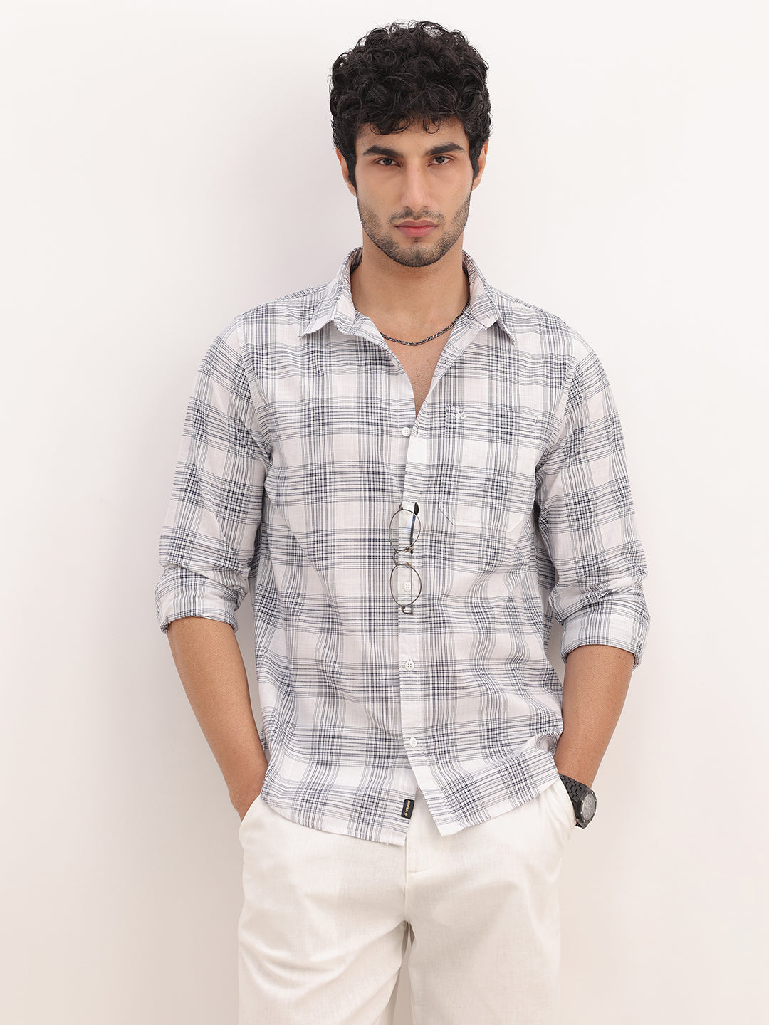 Slim Fit Checkered Full Sleeve Shirt | White
