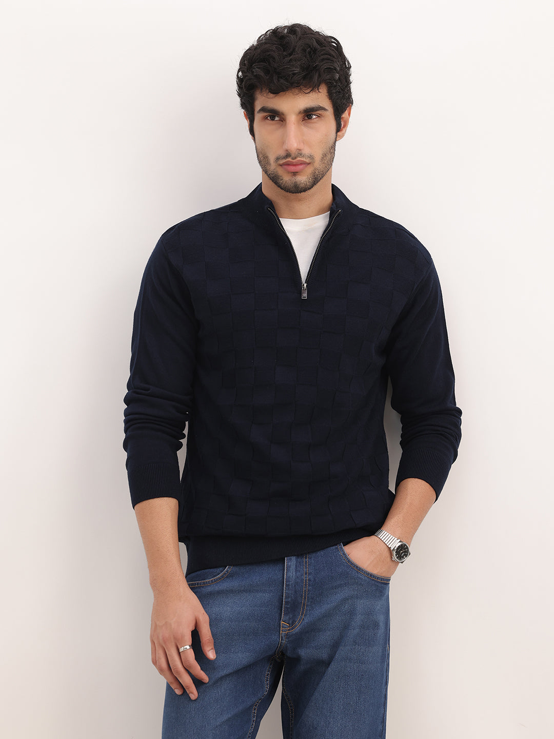 Solid Regular Fit Quater Zipper Textured Sweater | Blue