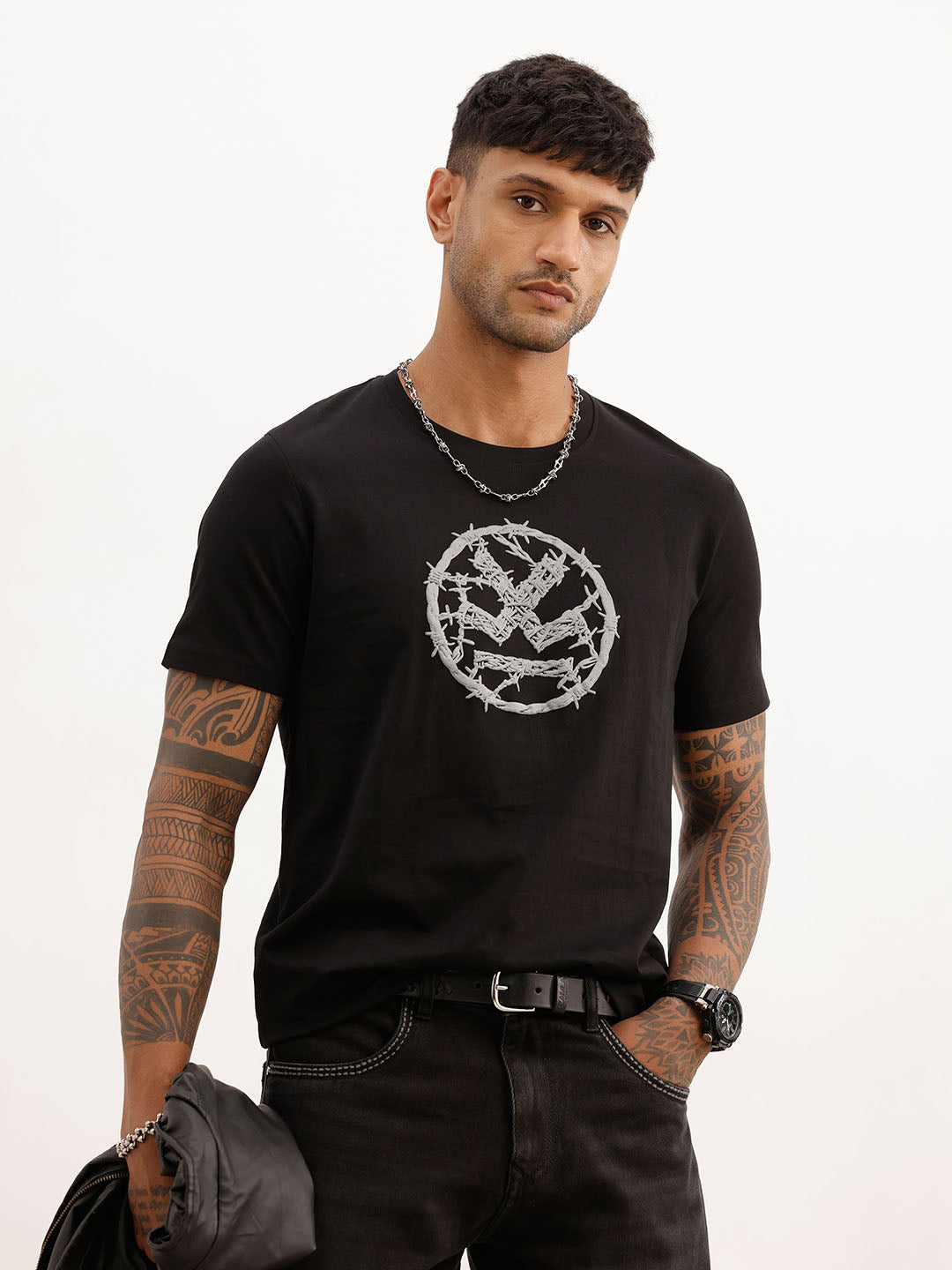 Slim Fit Placement Puffer Printed T-Shirt | Black